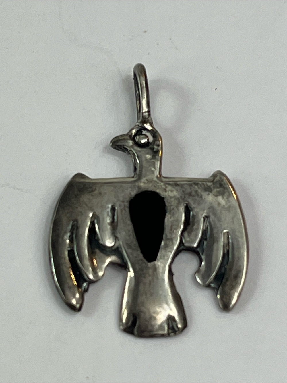 Signed 925 Sterling Silver Thunderbird Bird Charm Pendant Black Inlay
